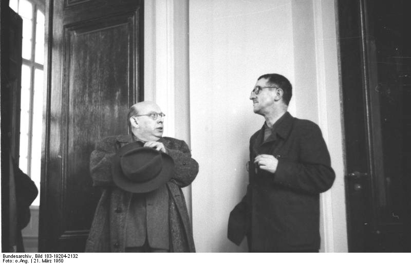 Bertolt Brecht and Hanns Eisler, 1950. Allgemeiner Deutscher Nachrichtendienst - Zentralbild (Bild 183). Courtesy of Wikimedia Commons.