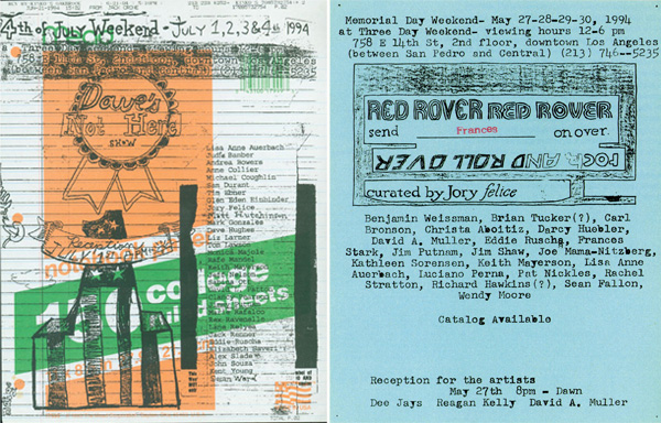 Jory Felice and Dave Muller, <em>Three Day Weekend Flyer (Dave's Not Here)</em> and <em>Three Day Weekend Flyer (Red Rover)</em>, 1994. Xerox on paper. Collection of Dave Muller. Photo: Dave Muller. Courtesy of the artist and Blum & Poe, Los Angeles.