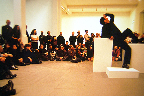 Bruce McLean, <em>Pose Work for Plinths</em>, 1970/2002. Performance in "A Short History of Performance," at Whitechapel Art Gallery, April 20, 2002. Courtesy of Whitechapel Art Gallery, London.