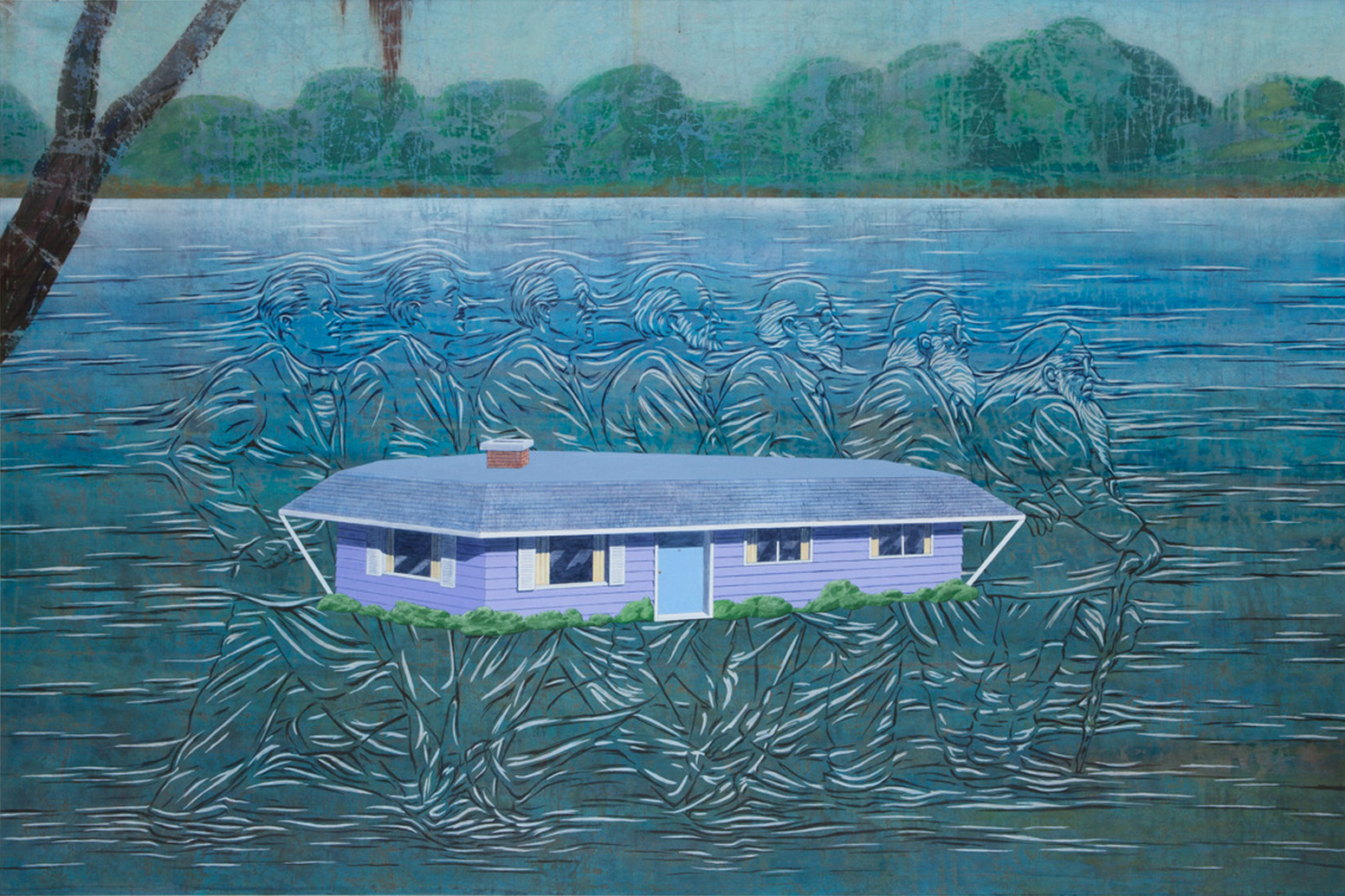 Jim Shaw, <em>The House in Mississippi</em>, 2013. Acrylic on muslin, 72 x 108 inches. Courtesy of the artist and Blum & Poe, Los Angeles.