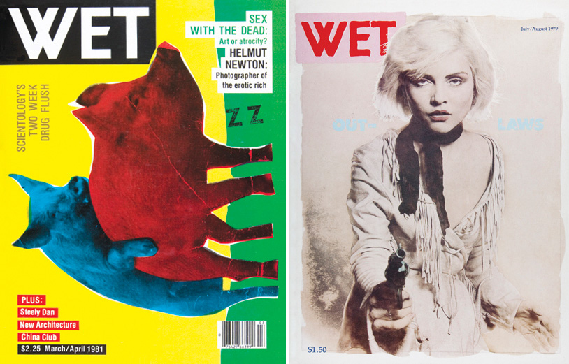 <em>WET: A Magazine of Gourmet Bathing</em>. Left: Issue 30 (March/April 1981). Cover illustration and design by Bob Zoell. Art direction by Leonard Koren. Right: Issue 19: Outlaw (July/August 1979). Cover photograph by Larry Williams. Design and art direction by Roy Gyongy and Larry Williams.