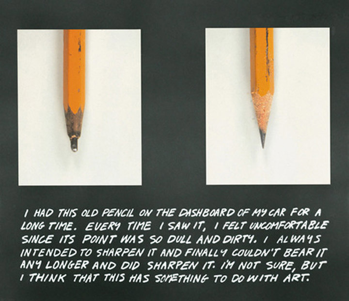 John Baldessari, <em>The Pencil Story</em>, 1972-3. Color photographs, and colored pencil on board, 22 x 27 ¼ in. Courtesy of John Baldessari.
