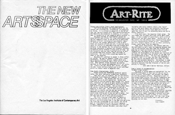 Program for the New Artsspace conference, April 26-29, 1978. It included a directory of 57 alternative visual arts organizations from around the country, such as New York's <em>Art-Rite</em>. To download a copy, click <a href="http://s3.amazonaws.com/eob_texts-production/texts/144/1348607232_New_Artsspace_Catalogue_(1978).pdf?1348607232" target="_blank"> here</a>.