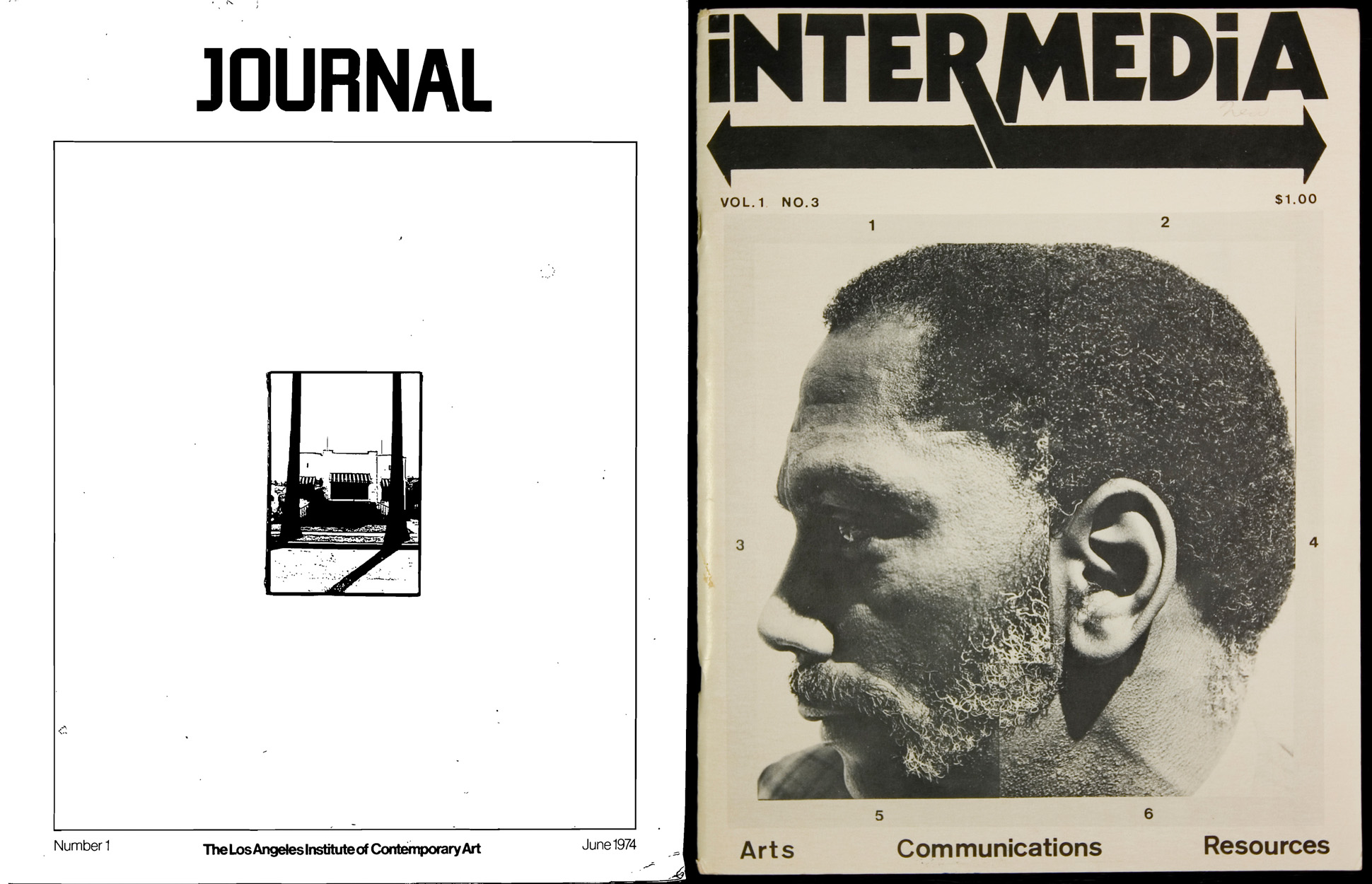 Left: Cover of <em>LAICA Journal</em></a> Vol. 1, Issue 1 (June 1974). Courtesy of Robert Smith. Right: Cover of <em>Intermedia</em> Vol. 1, Issue 3 (1975). Courtesy of Harley Lond. To download a PDF of <em> LAICA Journal</em> Vol. 1, Issue 1 (June 1974), click <a href="http://s3.amazonaws.com/eob_texts-production/texts/91/1326838015_Excerpt%20from%20LAICA%20Journal%20Number%201%20June%201974.pdf?1326838015" target="_blank">here</a>.