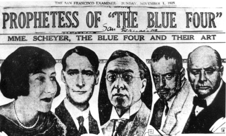 "Prophetess of the Blue Four," <em>San Francisco Examiner</em>, November 1, 1925. Pictured: Galka Scheyer, Lyonel Feininger, Wassily Kandinsky, Paul Klee and Alexej Jawlensky.