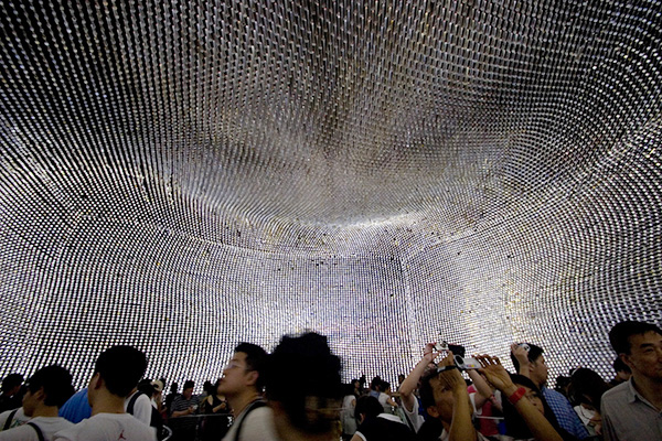 Interior of the UK Pavilion, designed by Thomas Heatherwick. 60,000 fiberoptic acrylic rods embedded with unique seeds from the Kew Gardens seed bank in London.