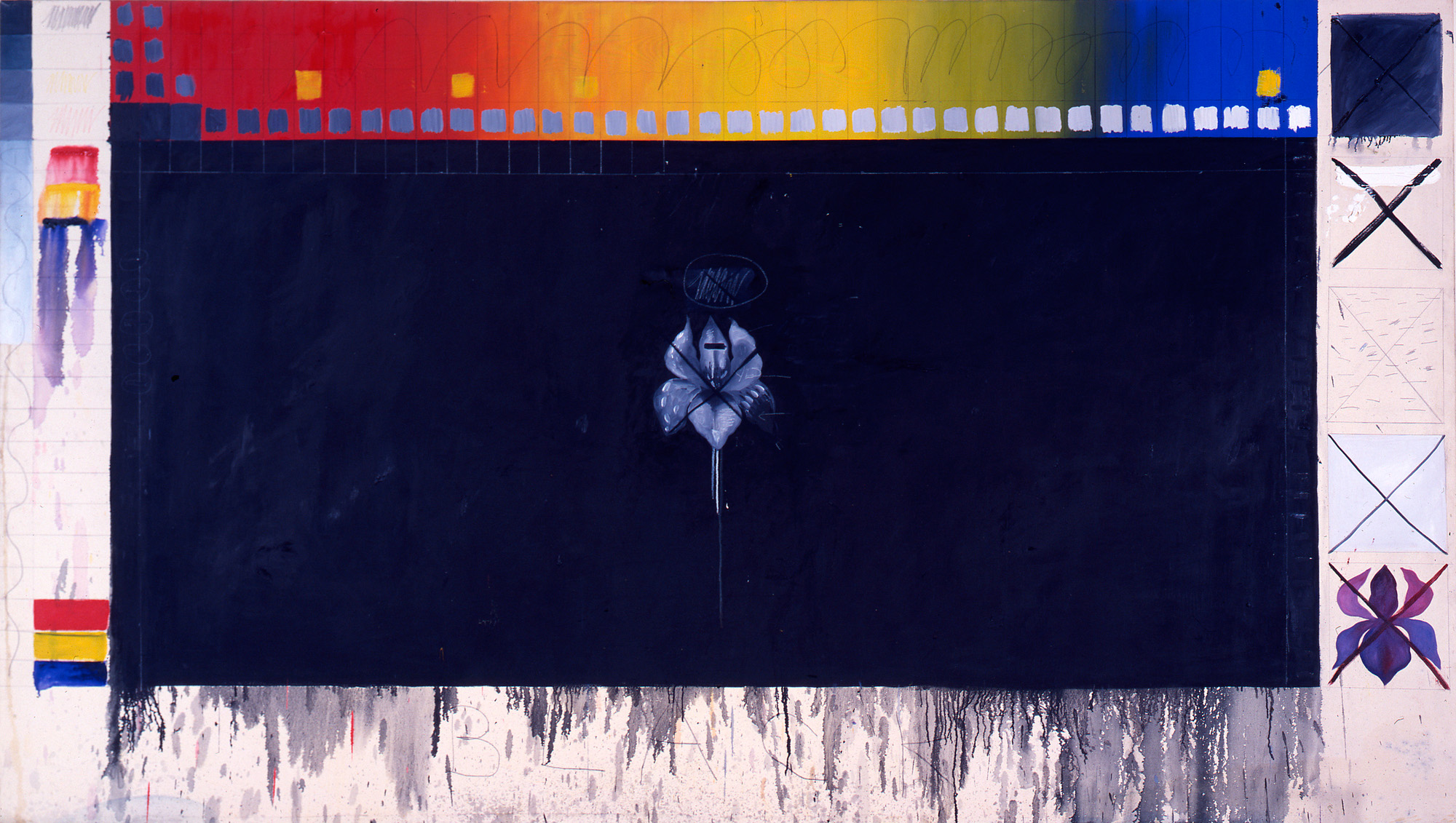 Pat Steir, <em>Black</em>, 1973. Oil and pencil on canvas, 72 x 132 in. Collection of Steven D. Robinson. Courtesy of the artist.