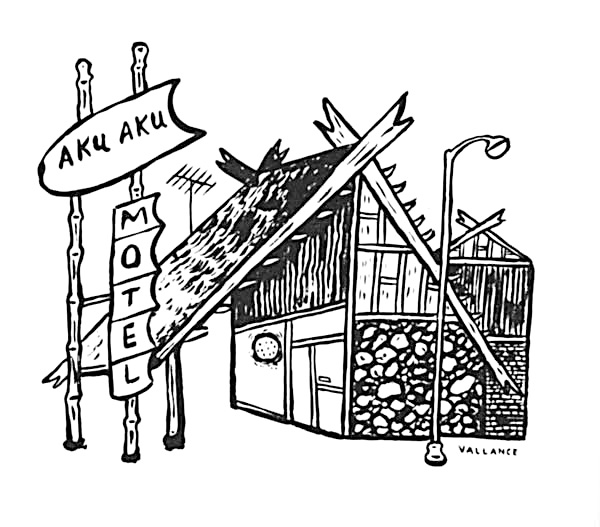 Jeffrey Vallance, <i>Avenue of the Absurd: Aku-Aku Motel, Woodland Hills, CA.</i>, 1985. Ink on paper. Originally published as "Mr. Vallance's Neighborhoods: The West Valley Revealed in Words and Pictures," <i>L.A. Weekly</i>, Sept. 20, 1985.