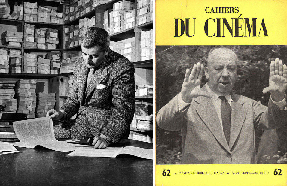 Left: American author William Faulkner reads through documents in the Warner Bros.' research department as possible script material, Hollywood, California, 1942. Courtesy Alfred Eriss/Pix Inc./Time Life Pictures/Getty Images. Right: Alfred Hitchcock on the cover of <em>Cahiers du Cinéma</em> no. 62 (August-September 1956).
