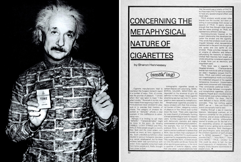 <em>WET: A Magazine of Gourmet Bathing</em>, Issue 21 (November/December 1979). Left: Photo-illustration by Larry Williams. Right: Sharon Hennessey, “Concerning the Metaphysical Nature of Cigarettes.”