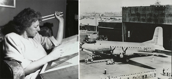 Left: Esther McCoy at her drafting board, Santa Monica, c. 1945, Esther McCoy Papers, Archives of American Art, Smithsonian Institution. Right: The C-74 Globemaster at Douglas Aircraft in 1945.