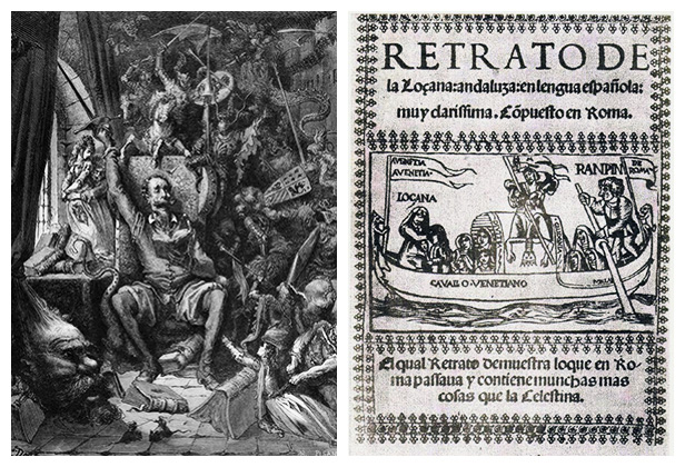 Left: Illustration of <em>Don Quixote</em> (1605) by Gustave Doré. Right: Cover page from the first edition of Francisco Delicado's <em>Portrait of Lozana: The Lusty Andalusian Woman</em> (1523). 