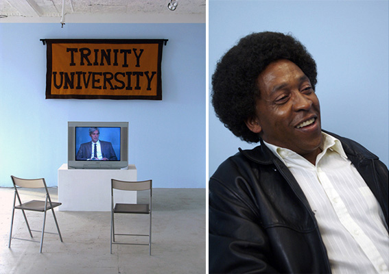 Michele O’Marah, <em>How Goes It with the Black Movement?</em>, 2007. Digital video, 45 min. Left: Installation view at Rental Gallery, New York, October 2007. Right: Henry Taylor as Huey Newton.