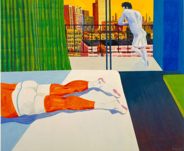 Richard Hawkins, <em>Sunburn (spitting off the balcony)</em>, 2006. Oil on linen, 60 x 72 in.