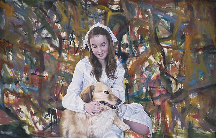 Left: Jim Shaw, <em>Oist Children Portrait (Girl & Dog)</em>, 2011. Oil on canvas, 47 x 73 in. Courtesy of the artist and Metro Pictures.