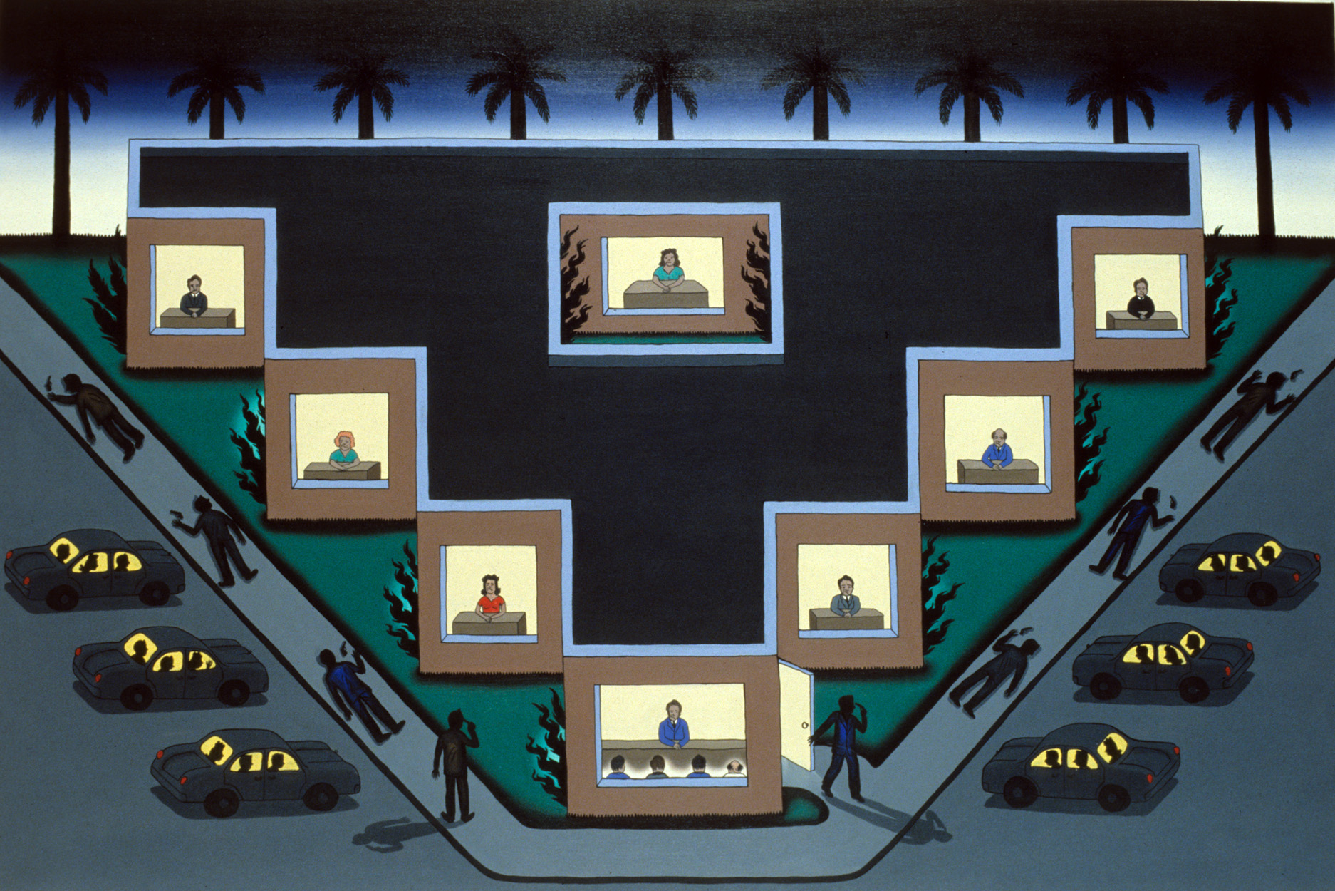 Roger Brown, <em>Citizens Killing Themselves After Having To Deal With the Ventura County Coastal Planning Commission (if you’re dreaming of California it doesn’t matter where you played before California is a whole new game)</em>, 1988, oil on canvas, 48 x 72 in. © The School of the Art Institute of Chicago and the Brown family.