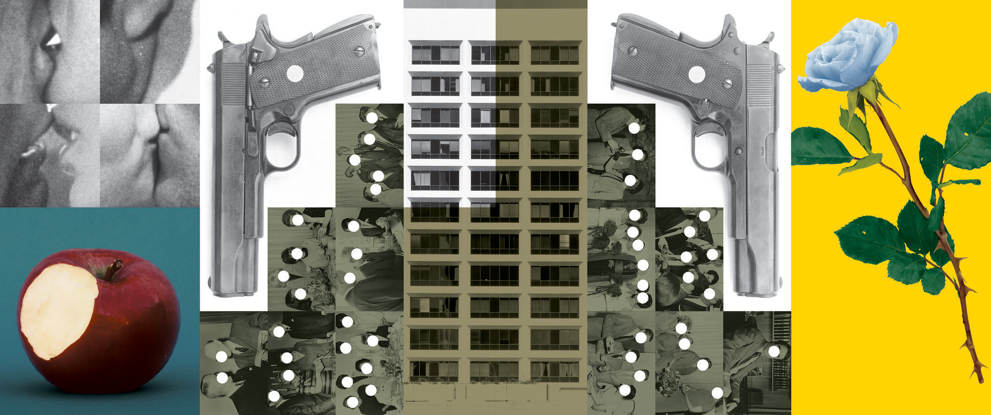 John Baldessari, <em>Buildings=Guns=People: Desire, Knowledge, and Hope (with Smog)</em>, 1985/1989. Black-and-white photographs, color photographs, vinyl paint, oil tint, 15.5 x 37 ft. Courtesy of the artist.