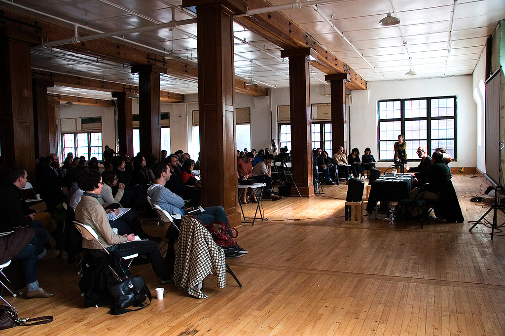 Far right: Renny Pritikin, Martha Wilson, Lane Relyea, and Mark Allen on "Archiving Artist-Run Histories," a panel at Threewalls' Hand-in-Glove conference, October 2011. Courtesy of Threewalls, Chicago.