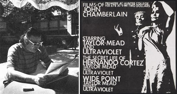 Left: Chamberlain at RAND. Photo © Barbara Crutchfield. Right: Flyer for a screening of films by John Chamberlain, Feb. 1967. Leo Castelli Gallery records, Archives of American Art, Smithsonian Institution.