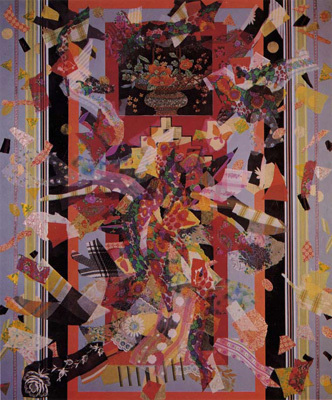 Miriam Schapiro, <em>Personal Appearance #3</em>, 1973. Fabric, paper, collage, and acrylic on canvas, 60 x 50 in. Courtesy of the Flomenhaft Gallery.