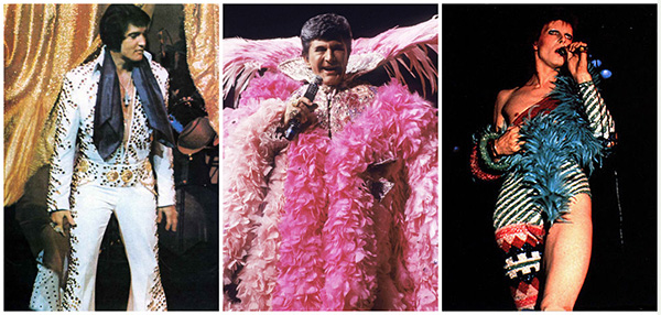 A brief history of androgyny in rock. Left to right: Elvis Presley, Liberace, David Bowie.