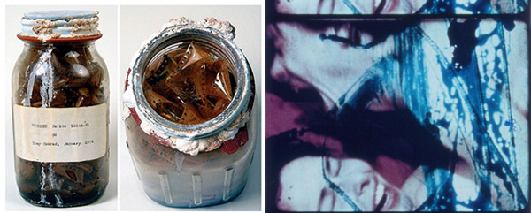 From left: Tony Conrad's jars of pickled film, 1974. Photos: Andrew Lampert. Still from Carolee Schneemann's <em>Fuses</em>, 1965. 16mm film, 18 min.