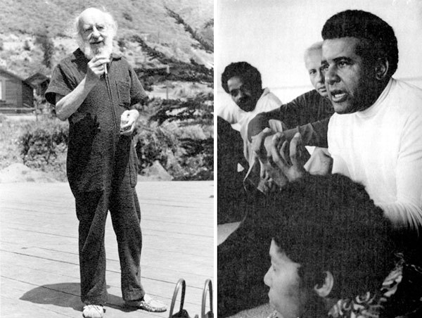 Left: Fritz Perls at Esalen, 1967. Photo: Gene Portugal. Courtesy of Pam Walatka. Right: Price Cobbs (right) with George Leonard (center) leading a racial encounter group, 1970. © Paul Fusco/Magnum Photos.