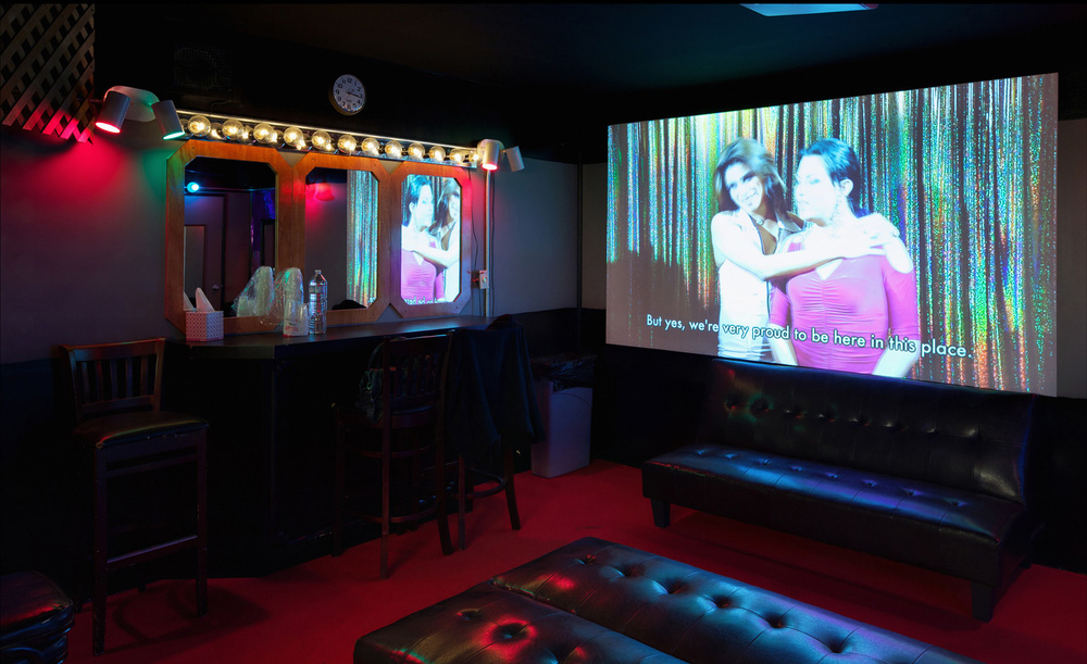 Wu Tsang, <em>Green Room</em>, 2012. Two channel video, mixed media. Installation view, Whitney Museum of American Art, 2012. Courtesy Clifton Benevento Gallery, Los Angeles.