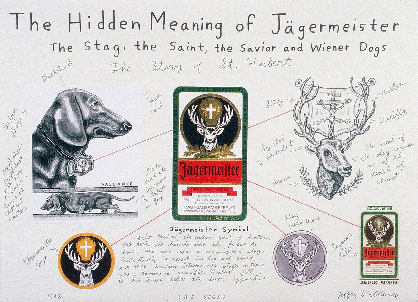 Jeffrey Vallance, <i>The Hidden Meaning of Jagermeister The Stag, the Saint, the Savior, and Wiener Dogs</i>, 1998. Mixed media on paper, 22 x 30 inches.