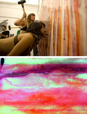 Jennifer West, production still (top) and film still from<em> Jam Licking & Sledgehammered Film (70MM Film Leader Covered in Strawberry Jam, Grape Jelly and Orange Marmalade - licked and sledgehammered by Jim Shaw, Marnie Weber, Mariah Csepanyi, Bill Parks, Alex Johns, Karen Liebowitz, Roxana Eslamieh, Chaney Trotter & Jwest- (a filmic restaging of moments from Allan Kaprow's 'Household')</em>, 2008. 3 min, 17 sec.