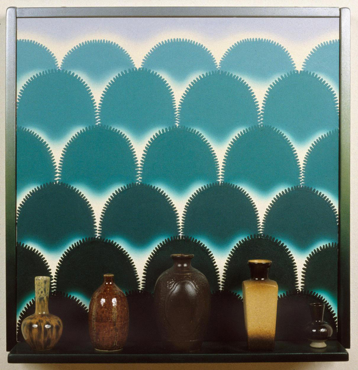 Roger Brown, <em>Virtual Still Life #8: Vases With A View</em>, 1995, oil on canvas, mixed media, 25 x 25-1/2 x 7 in. © The School of the Art Institute of Chicago and the Brown family.