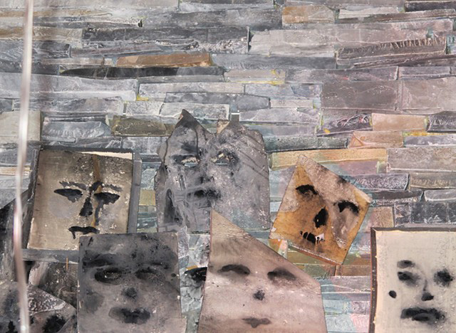 Samara Golden, <em>Bad Brains</em>, 2012. Rmax foam insulation, paint, glue. Detail of handmade faux rock wall and "Suicide Masks," Frieze Art Fair, New York. Courtesy Night Gallery.