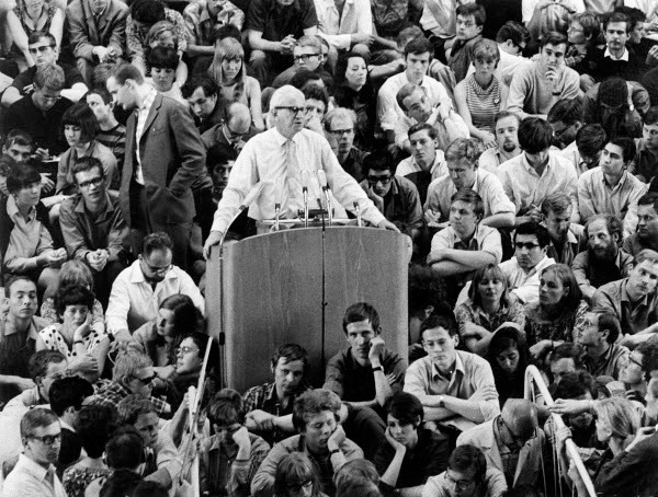 Herbert Marcuse giving a speech during a demonstration at the Free University of Berlin, 1967. Jung - ullstein bild / The Granger Collection, NYC. 