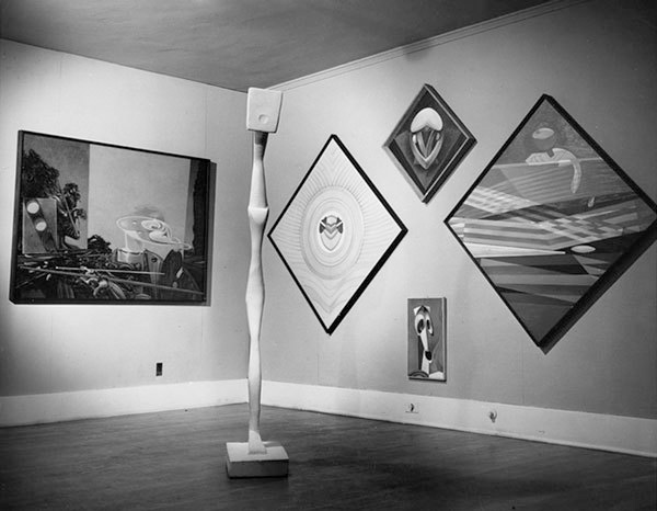 Max Ernst exhibition at the Copley Galleries, ca. 1949. Photographer unknown. Courtesy of the William Nelson Copley papers, Archives of American Art, Smithsonian Institution.