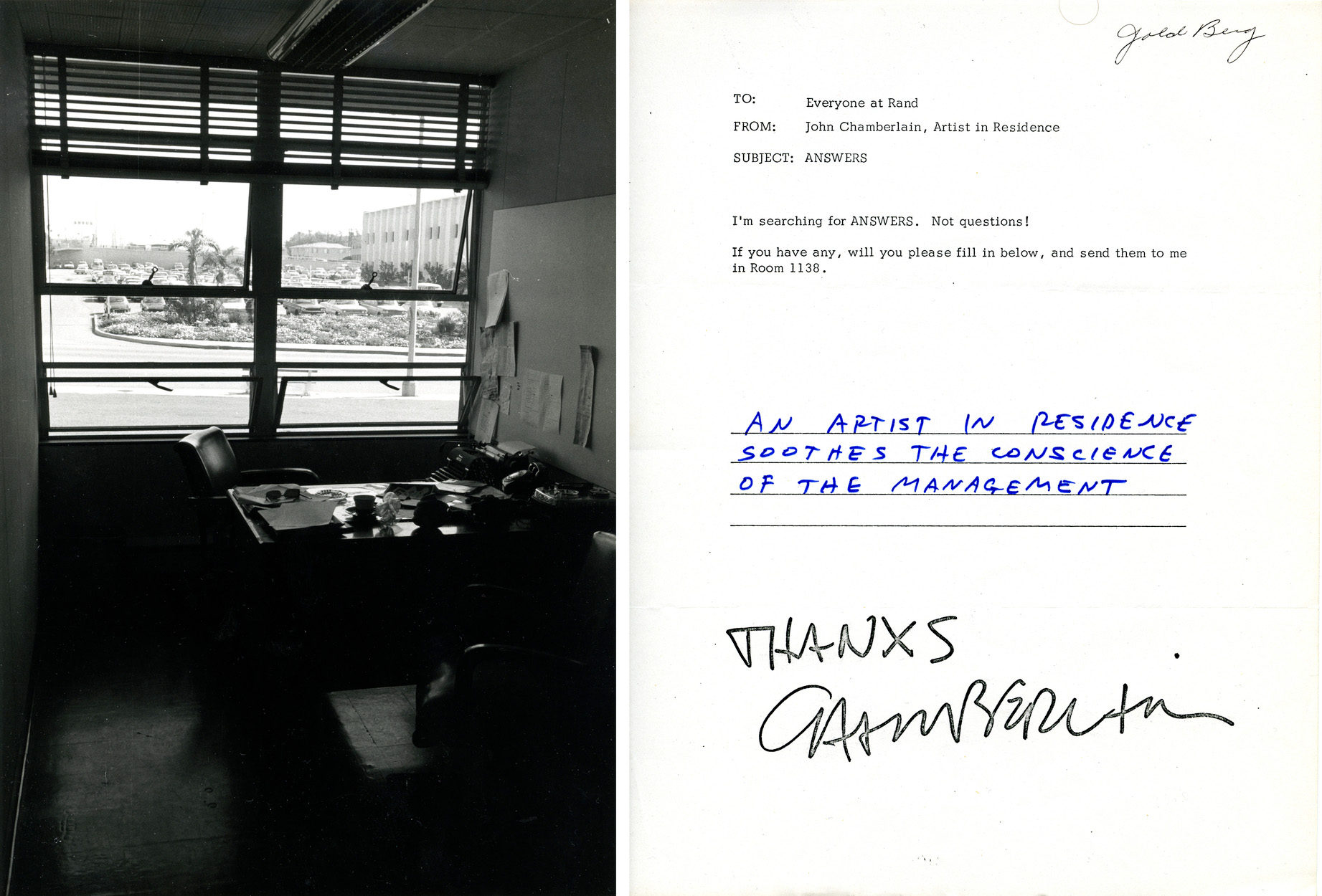 Left: Chamberlain's office at Rand. Photo © Barbara Crutchfield, courtesy LACMA archives. Right: A questionnaire seeking answers sent to the employees of Rand Corporation by Chamberlain as part of his Art and Technology piece, <i>Rand Piece</i>, 1970. Copyright: © 2015 John Chamberlain / Artists Rights Society (ARS), New York. Photo © Museum Associates/ LACMA