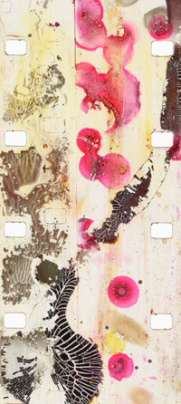 Jennifer West, filmstrip from <em>Regressive Squirty Sauce Film (16mm film leader squirted and dripped with chocolate sauce, ketchup, mayonnaise & apple juice),</em> 2007. 3 min, 36 sec.