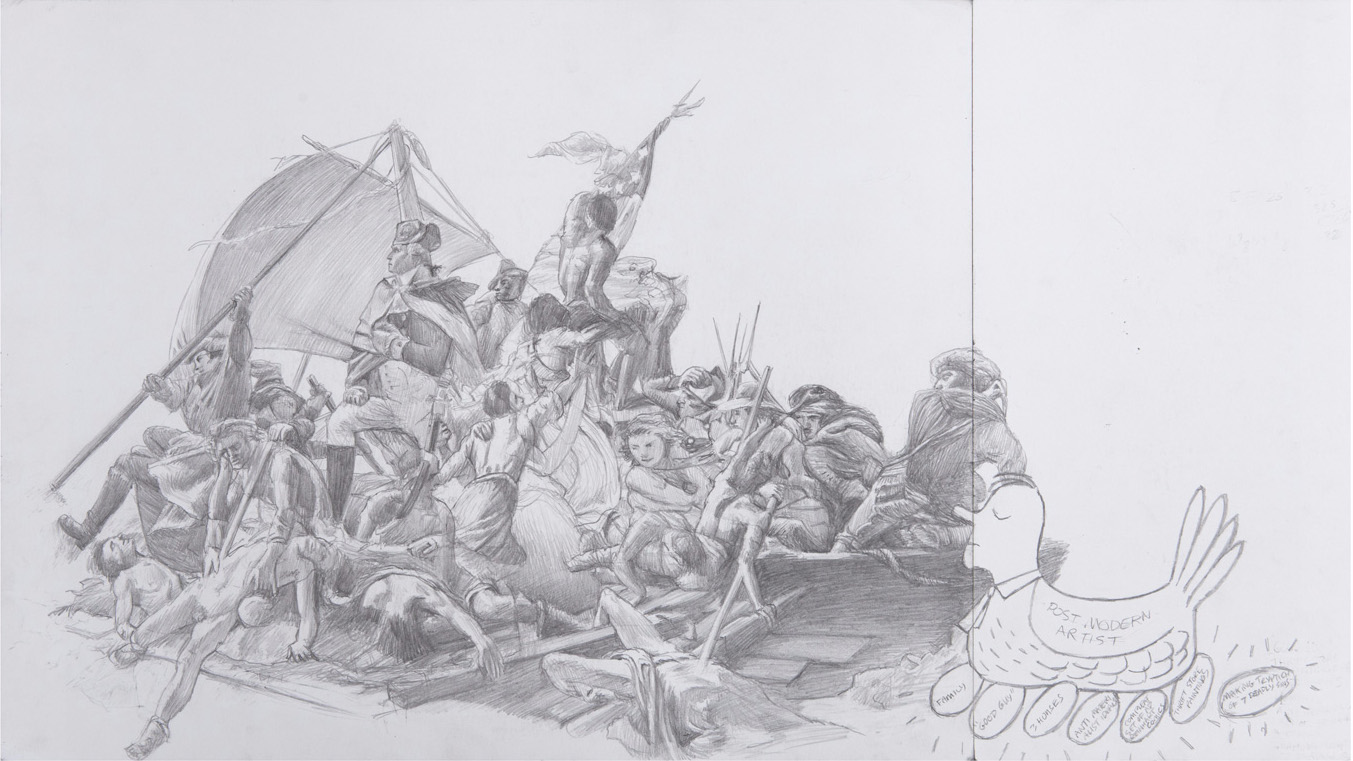 Jim Shaw, <em>Study for “Seven Deadly Sins", Pride,</em> 2013. Pencil on paper, 11 x 19.5 inches. Courtesy of the artist and Blum & Poe, Los Angeles.