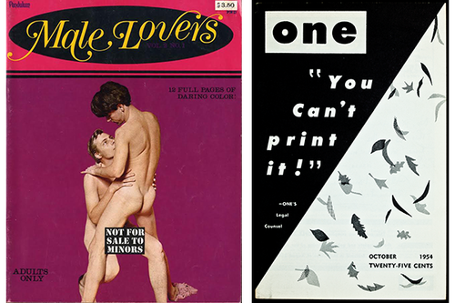 Left: Male Lovers. Right: ONE Magazine, courtesy of ONE Archives at the USC Libraries.